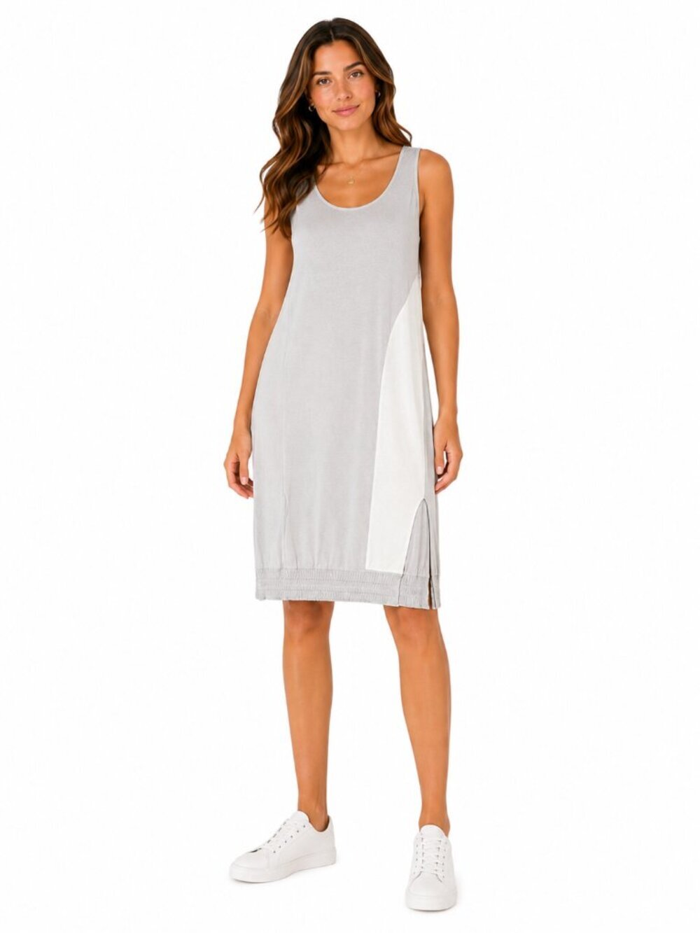 PLANET BY LAUREN G Grey Cream Pima Cotton Modal Sleeveless Tank Dress OS